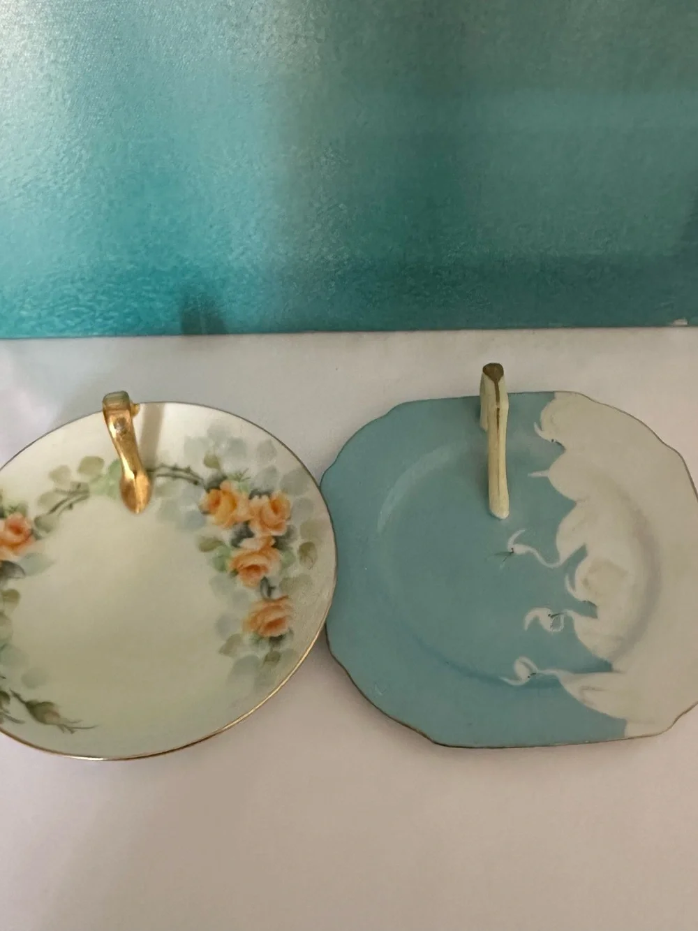 Vintage Floral Two-Tier Handled Serving Dishes - Teal & Cream